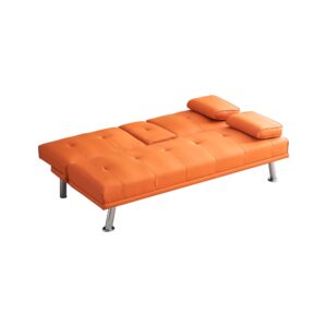 Faux Leather Convertible Folding Futon Sofa Bed with 2 Cup Holders, Sleeper Couch Bed with Removable Armrests, Metal Legs, Upholstered Loveseat for Living Room, Apartment, Dorm, Office (Orange)