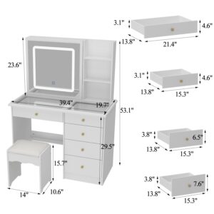 ROMSHINE Vanity Desk with Mirror and Lights, Makeup Vanity Desk with Sliding Mirror, Glass Desk-Top and Lights in 3 Colors Modes, White Vanity Table and Chair Set with 5 Drawers, Glass Top