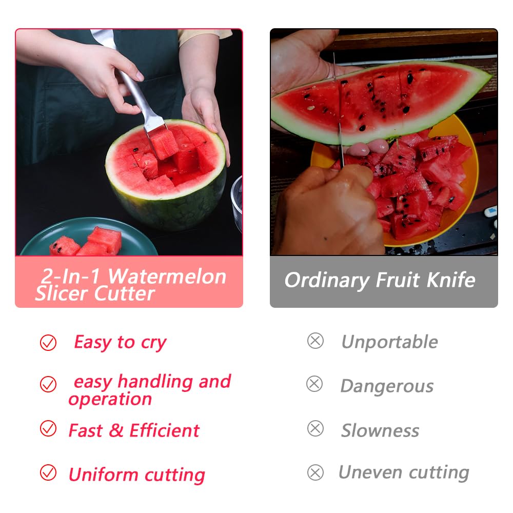 2PCS 2-In-1 Watermelon Slicer Cutter Tool,Stainless Steel Fruit Cutter,Fruit Tool,Fruit Forks Slicer,Dual Head Fruit Forks Slicer Knife For Home Kitchen Gadget