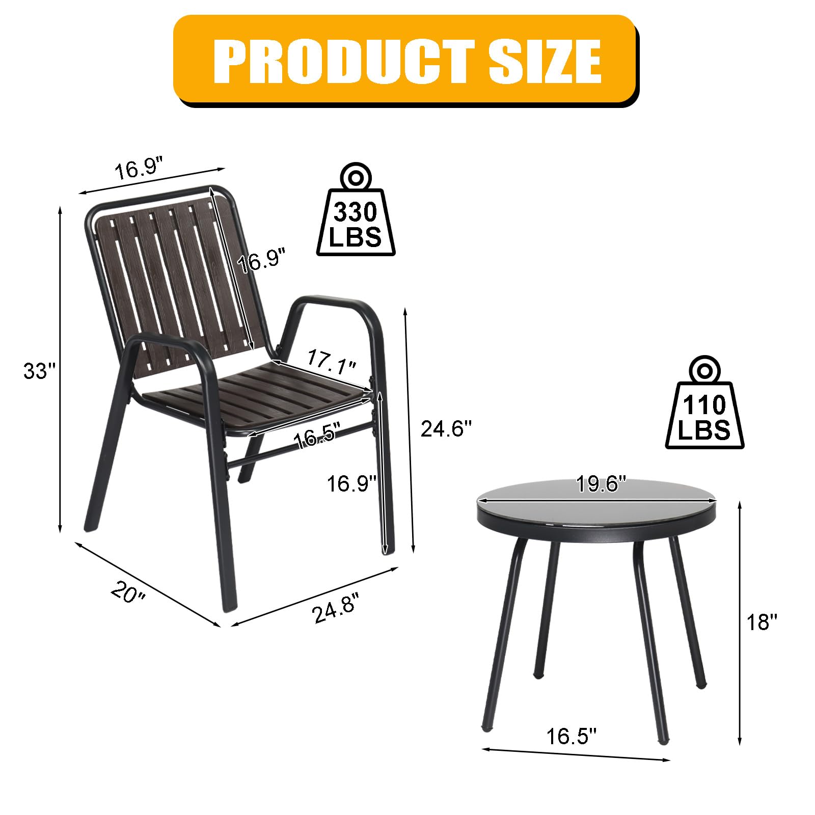 VINGLI 3 Piece Patio Furniture Set Metal Patio Chairs Set of 2 w/PP Backrest and Seat, Outdoor Bistro Set for 2 Porch Furnitutre, Yard, Balcony