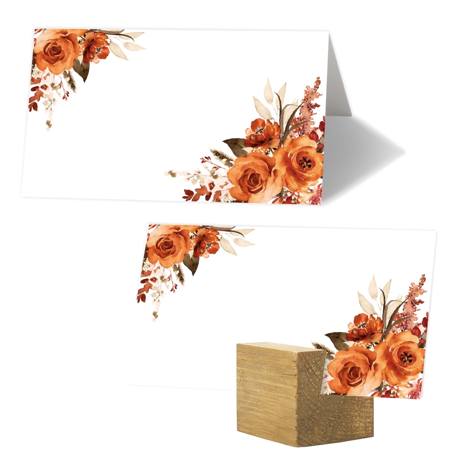 Whaline 100Pcs Orange Floral Place Cards 3.5 x 2 Inch Watercolor Rose Tented Card Seating Cards Blank Table Name Sign for Fall Thanksgiving Party Table Setting Supplies