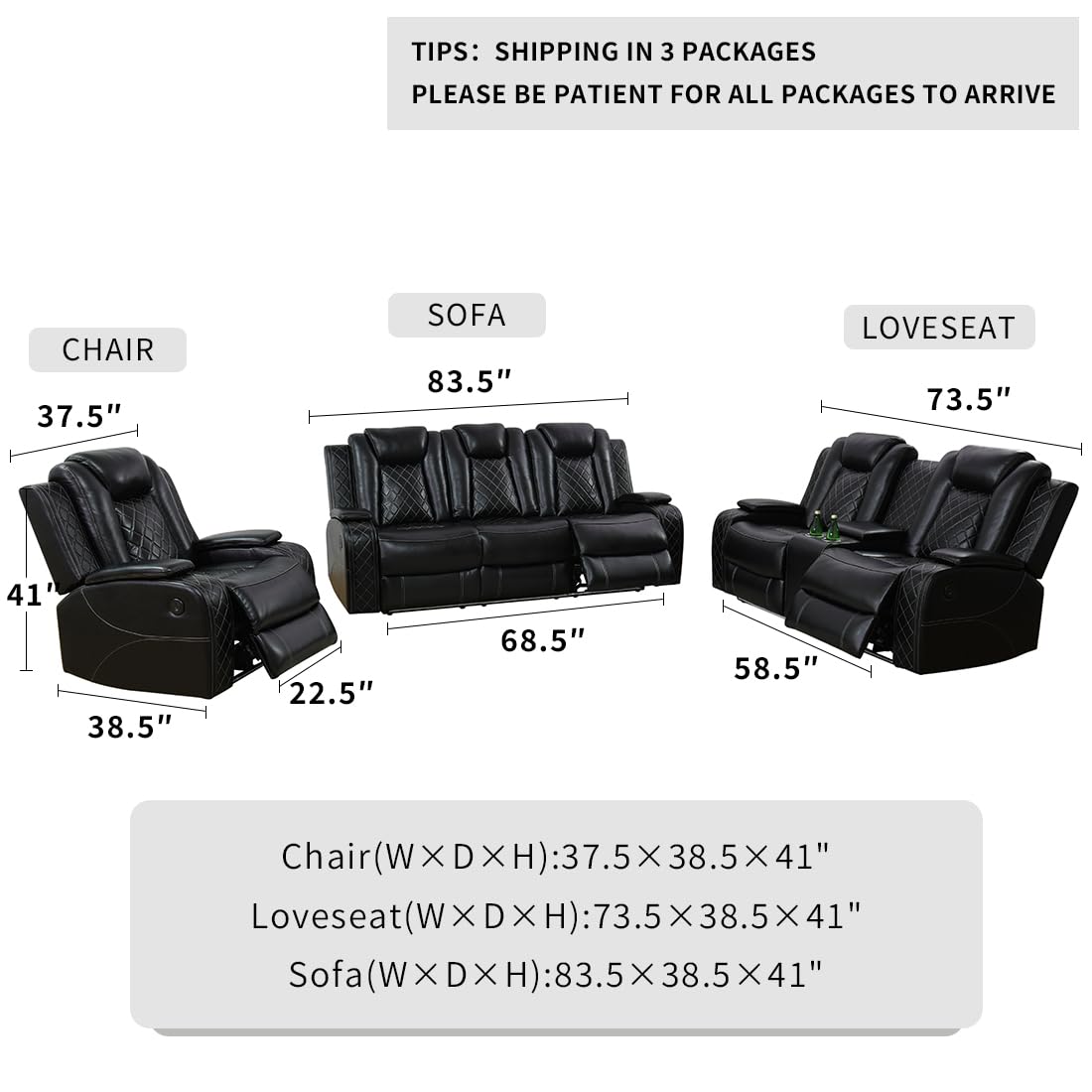 Dekmxas Living Room Sofa Set Black Breathing Leather Sofa Living Room Furniture Power Recliner Manual Adjustable Loveseat with Cup Holders/Storage Console/LED Light for Living Room, Office, Rv Car