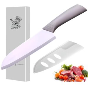 Beolee.Dan Ceramic Santoku Knife 7 Inch - High-Precision Ceramic Blade for Meats, Fruits, and Vegetables - Durable Ceramic Blade with Protective Sheath - Ceramic Knives (Sky Grey)