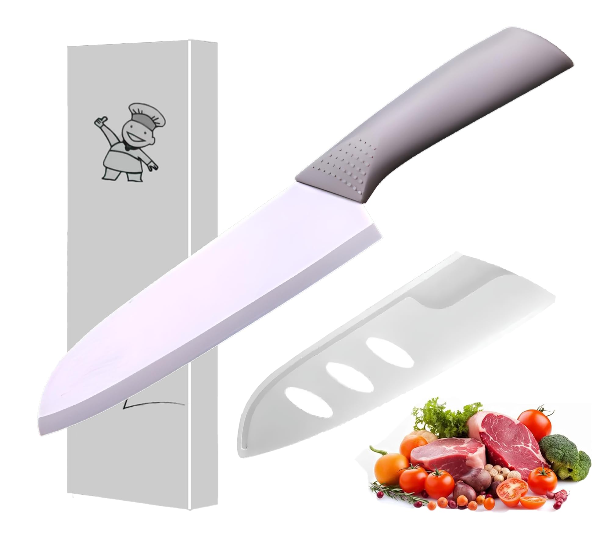 Beolee.Dan Ceramic Santoku Knife 7 Inch - High-Precision Ceramic Blade for Meats, Fruits, and Vegetables - Durable Ceramic Blade with Protective Sheath - Ceramic Knives (Sky Grey)