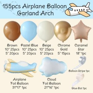 Time Flies Balloon Garland Arch Kit, 155pcs Brown Blue Beige and Airplane Cloud Star Foil Balloons for How Time Flies First Birthday Travel ONEderful World Airplane Party Baby Shower Decorations