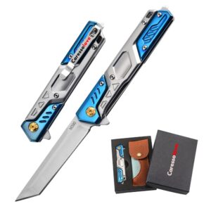 generic premium folding pocket knife, m390 steel blade knife for men, with pocket clip and leather knife sleeve, window breaker, outdoor emergency tools, blue, zhq07001