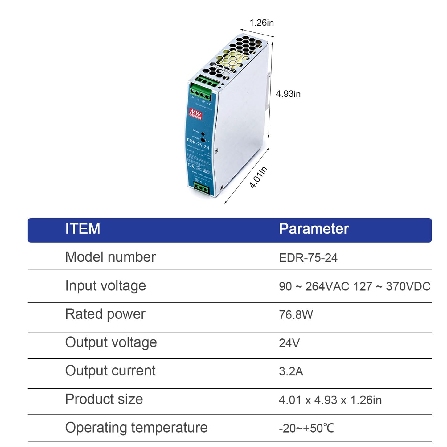 TorqCali EDR-75-24 75W 24V 3.2A Single Output Industrial DIN Rail Power Supply, Constant Current Limiting, Overload and Overvoltage Protection, -40°C to +70°C Operating Temperature