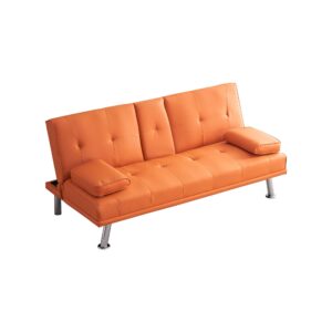 Faux Leather Convertible Folding Futon Sofa Bed with 2 Cup Holders, Sleeper Couch Bed with Removable Armrests, Metal Legs, Upholstered Loveseat for Living Room, Apartment, Dorm, Office (Orange)