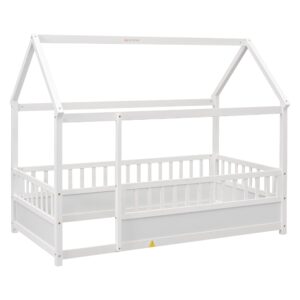 Kids Montessori Bed Twin Size, Twin Floor Bed with High Fence, House Bed for Kids, Girls, Boys, Wood Montessori Floor Bed Without Slats(White Twin)