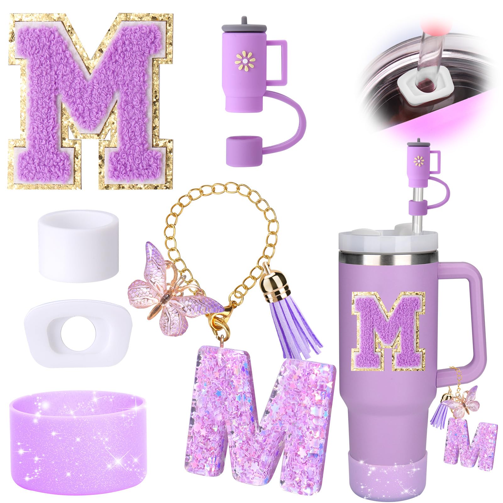 Mity rain 6PCS Cup Accessories Set for Stanley Cup 30oz 40oz tumbler with handle, Including Silicone Straw Topper Cover Cap and Boot, Spill Proof Stopper, Handle Charm, Initials Sticker (Letter M)