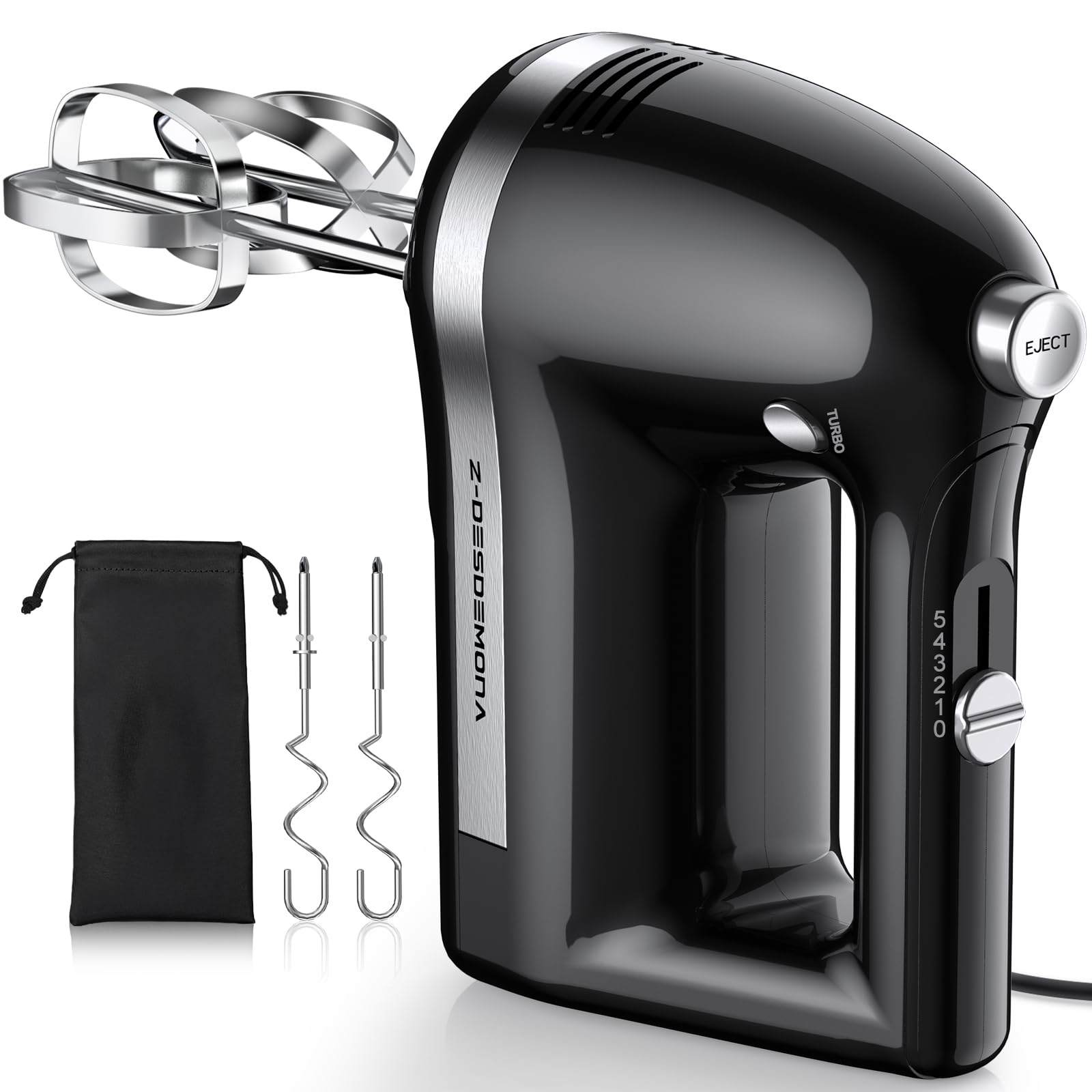 Z-DESDEMONA Electric Hand Mixer, Powerful 300W Hand Mixer Electric Handheld with 304 Beaters, Dough Hook,Hand Held Mixer with Turbo for Baking Cakes, Eggs, Cream Food(Black)