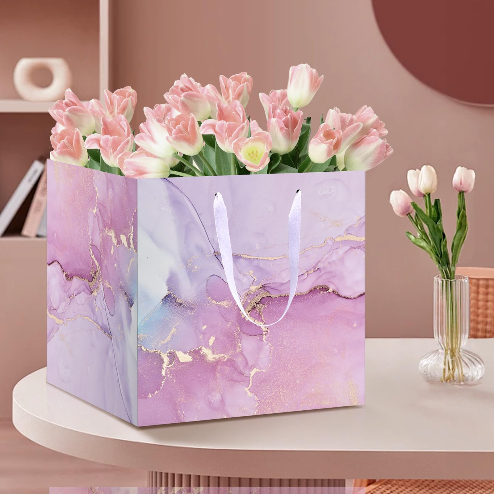 11.8" Extra Large Gift Bag Colorful Marble Square Giant Gift Bag with Handles and Tissue Paper Big Present Bag Pink Purple Wrapping Paper Bag for Birthday Wedding Christmas Baby Shower Party Supplies