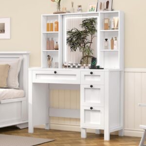 FIONESO Vanity Desk, Makeup Vanity with Glass Tabletop & Power Outlet, Vanity Desk with Mirror and Lights, Makeup Vanity Desk with 4 Drawers & 6 Shelves, Vanity Set for Bedroom, White