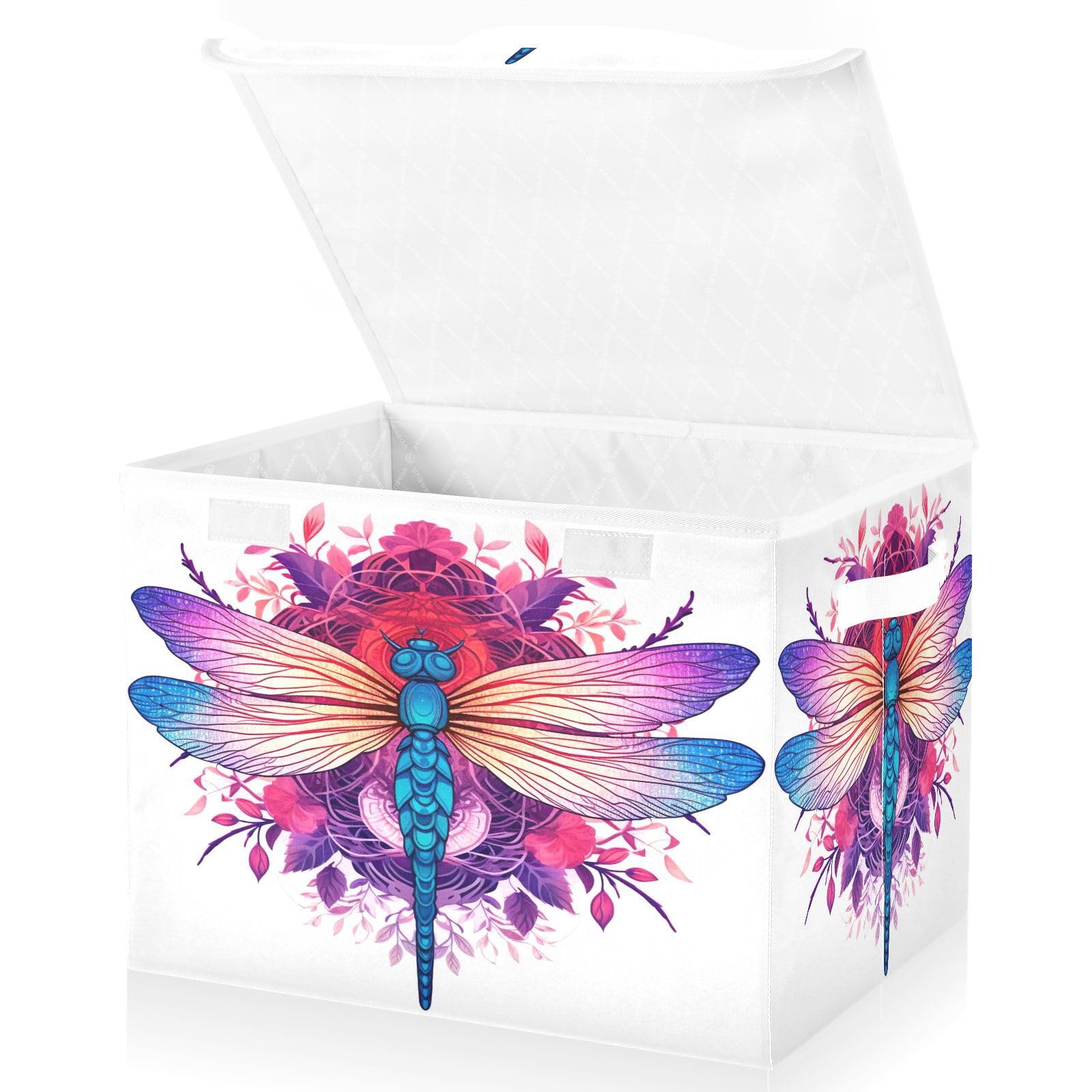 YETTASBIN Dragonfly Storage Basket with Lid and Handles, Large Collapsible Fabric Storage Bins Sturdy Storage Organizer for Shelves, Closet, Bedroom, School, Office, Home Decor