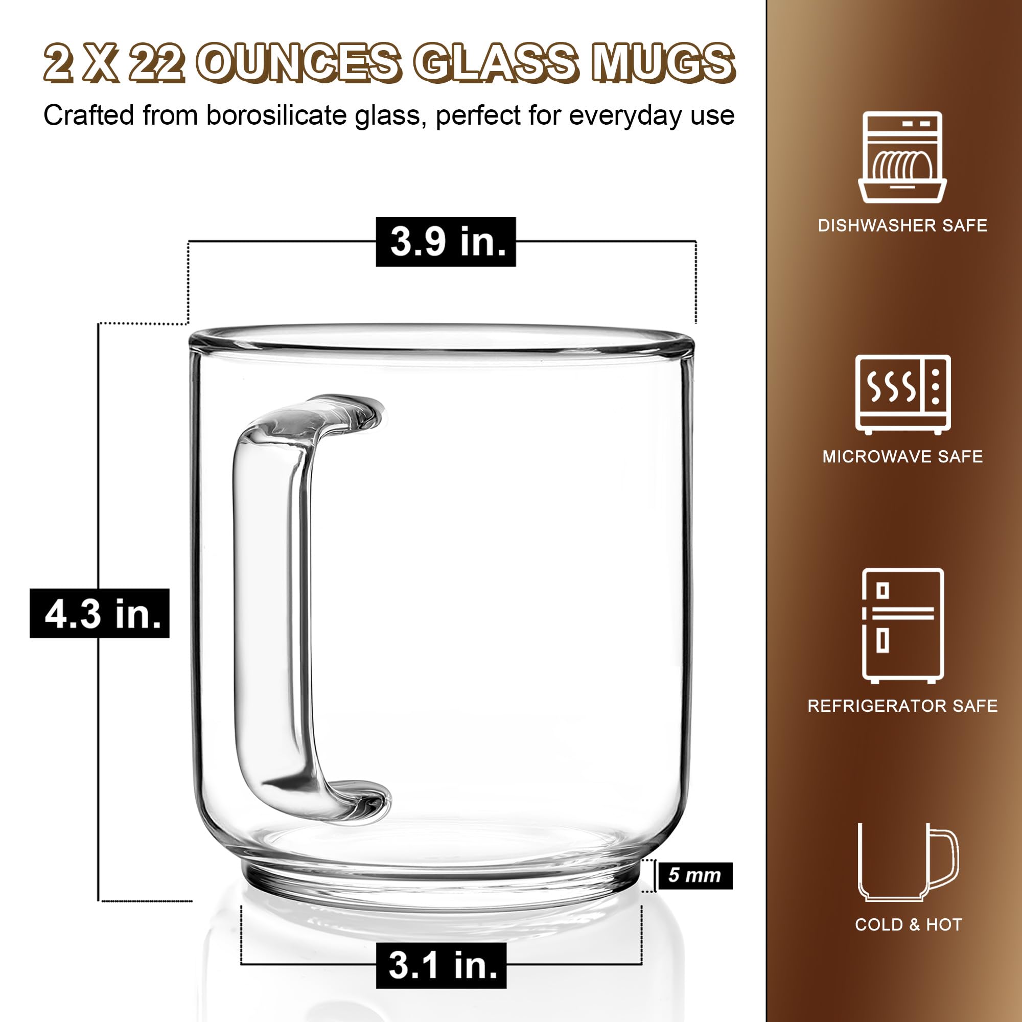 Aquach 22oz Borosilicate Glass Mug Set - Dishwasher and Microwave Safe, Elegant Design for Coffee and Tea, 2-Piece Set