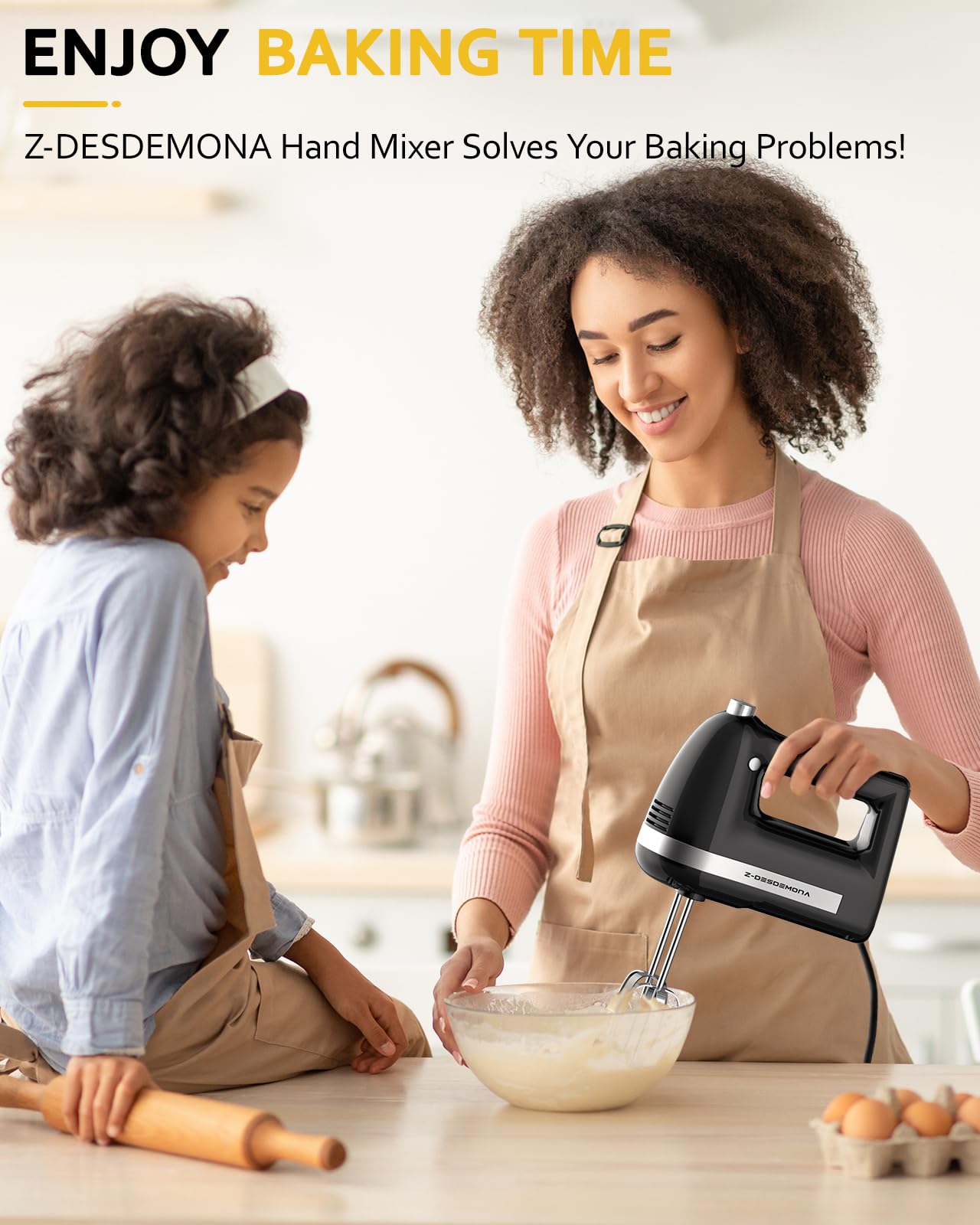 Z-DESDEMONA Electric Hand Mixer, Powerful 300W Hand Mixer Electric Handheld with 304 Beaters, Dough Hook,Hand Held Mixer with Turbo for Baking Cakes, Eggs, Cream Food(Black)