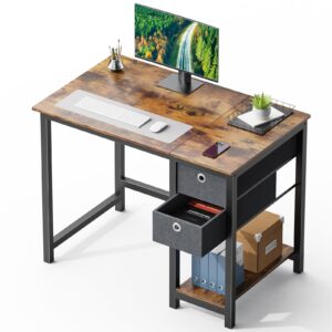 smug computer desk with storage drawers, 40 inch small office desk modern simple workstation study writing table for home bedroom, rustic brown