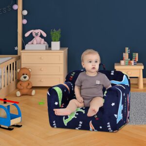 single seater kid sofa chair, foam toddler couch with glow-in-the-dark velvet, compressed packing 3-year -old children's chair,multiple pattern fabric toddler sofa for kindergarten use (dark blue)