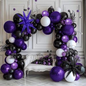 Black Purple White Balloon Garland - Double Stuffed Dark Purple Balloon Royal Purple Black Metallic Black Lilac Starburst Balloon Arch Kit for Birthday Halloween Anniversary Wednesday Party Decor