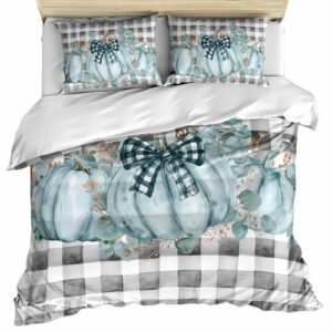 lsrtoss green pumpkins fall thanksgiving queen duvet cover set for all season, black plaid watercolor microfiber 3 piece bedding set with 2 pillowcases & 1 quilt cover, 90" w x 92" l, queen size