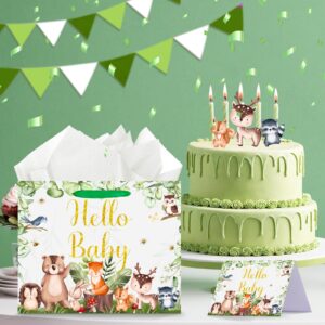 Baby Shower Paper Bag Hello Baby Large Gift Bag Woodland Animals Sage Green Baby Girl Boy Wrapping Paper with Tissue Paper Card for Baby Shower Birthday Gender Reveal Party Favors Decorations Supplies