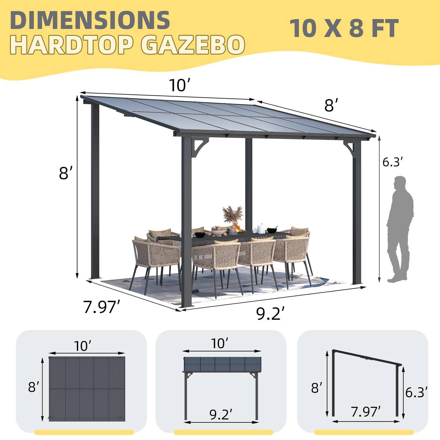 U-MAX 8' x 10' Outdoor Pergola Gazebo, Wall-Mounted Lean to Metal Awnings Gazebos on Clearance for Patio, Large Panel Roof Pergolas and Gazebo for Outdoor Use