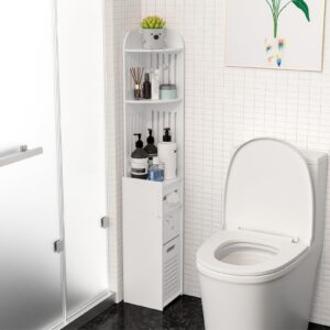 pofluany Small Bathroom Storage Cabinet Beside Toilet with Paper Dispenser, Slim Toilet Paper Storage Corner Floor Cabinet Bathroom Organizer for Small Space, Bathroom, Kitchen, Laundry White