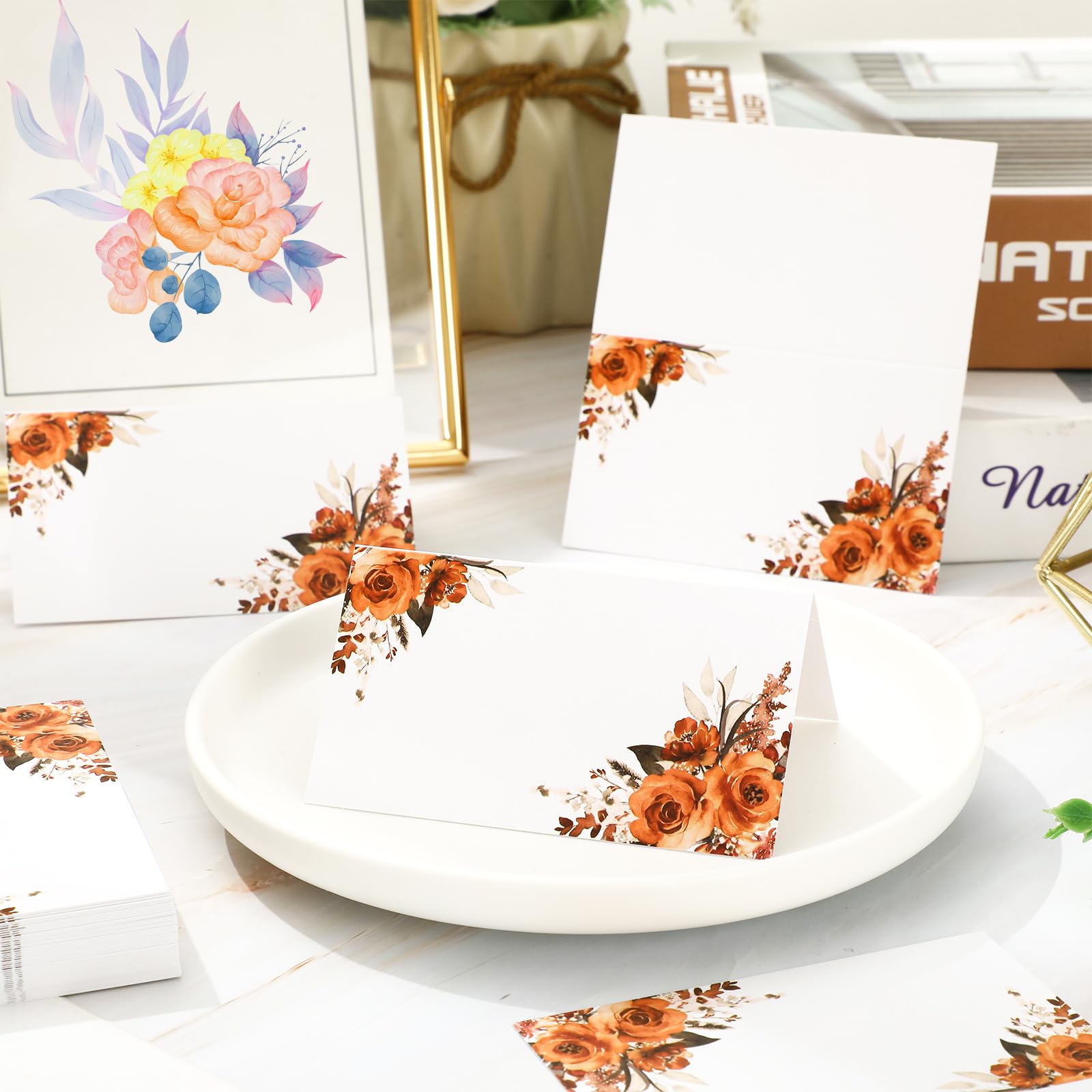 Whaline 100Pcs Orange Floral Place Cards 3.5 x 2 Inch Watercolor Rose Tented Card Seating Cards Blank Table Name Sign for Fall Thanksgiving Party Table Setting Supplies