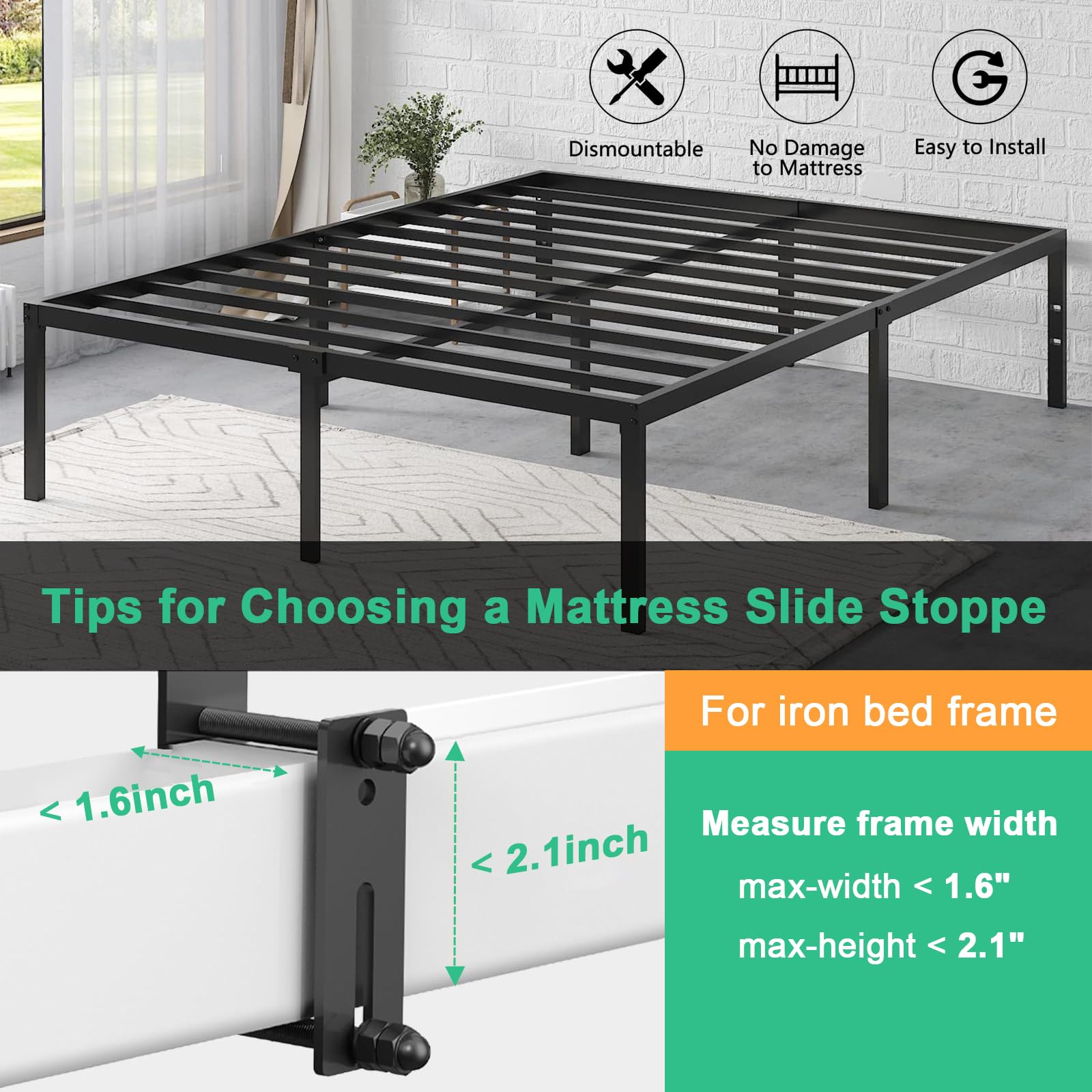 SEMPOMA Mattress Slide Stopper, Anti Slip Mattress Gripper for Metal Bed Frame to Keep Mattress from Sliding, Mattress Retainer Bar (2 Pack)