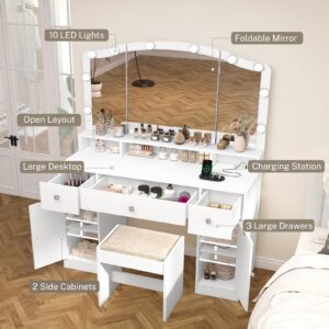 Vanity Desk with Triple Folding Mirror, Makeup Vanity with Power Outlet, Vanity Desk with 10 Lights, 3 Drawers & 2 Cabinets, Makeup Vanity Table with Soft Cushioned Stool for Women, Bedroom, White