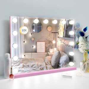 despful 22.8"x 18.1" vanity mirror makeup mirror with lights,10x large hollywood lighted vanity mirror with 15 dimmable led bulbs,3 color modes,touch control for bedroom,tabletop or wall-mounted