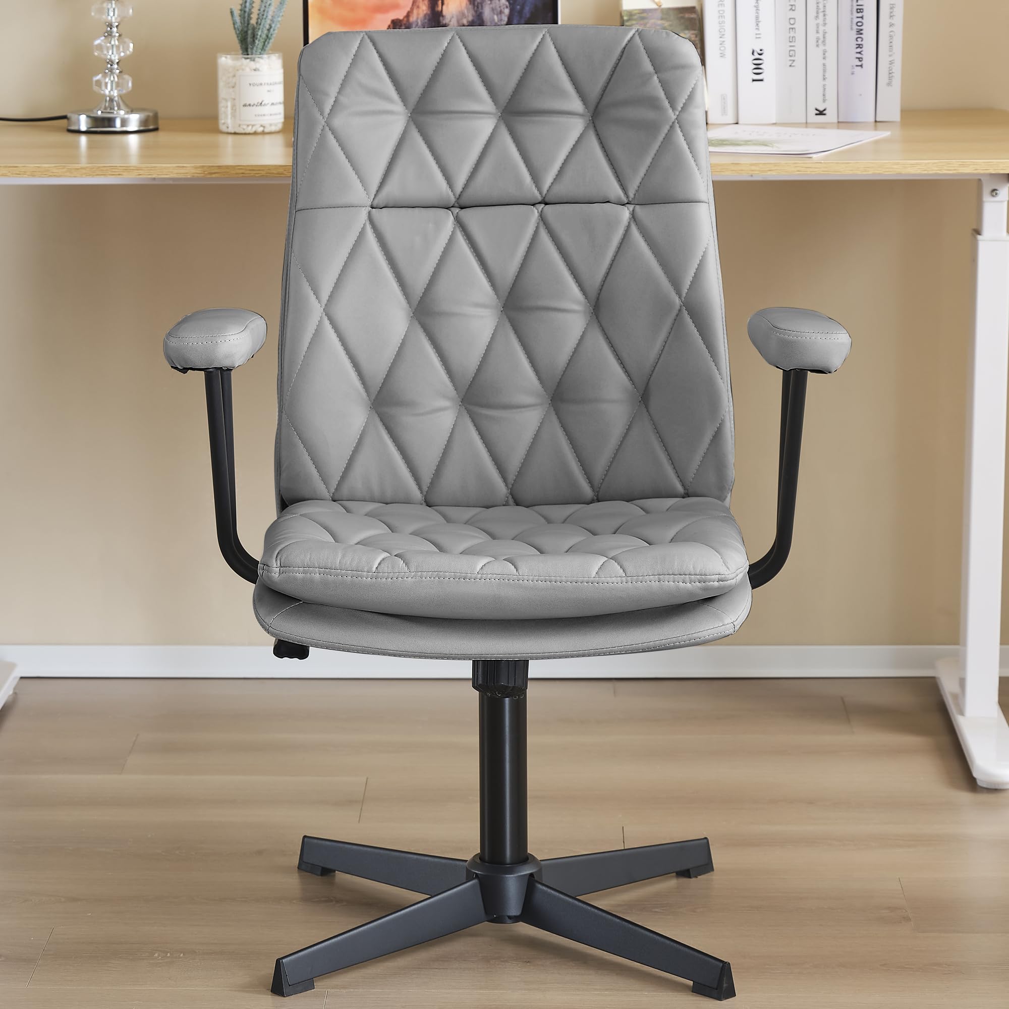 HoeuThien Desk Chair Without Wheels Swivel Tilt Home Office Chair with Criss Cross Legs Solid Armrest Grey