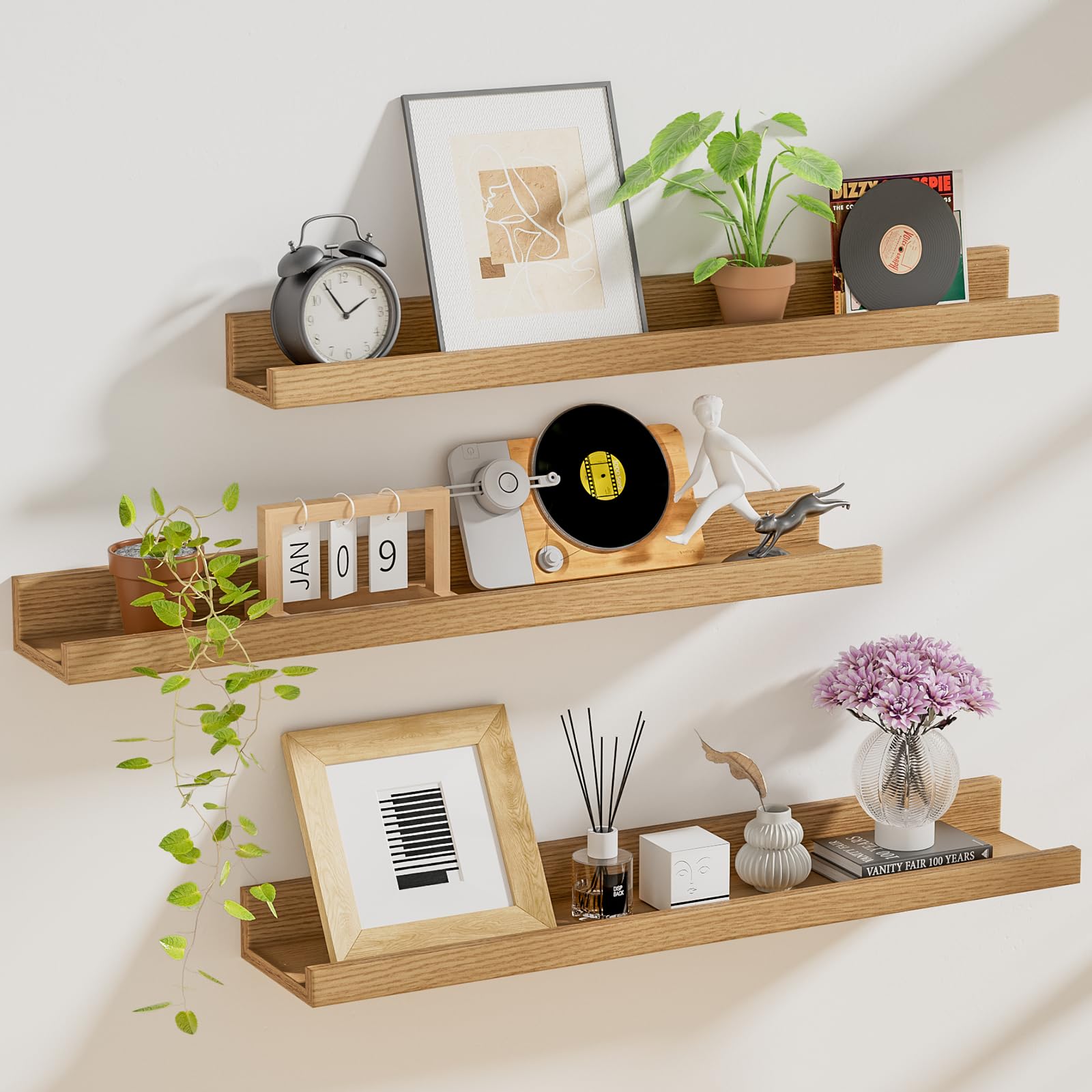 Heimlove Floating Shelves Set of 3, Picture Ledge Shelf, 24 inch Floating Shelves for Wall, Floating Shelves with Lip for Living Room,Bedroom,Bookshelf,Nursery-Natural Oak