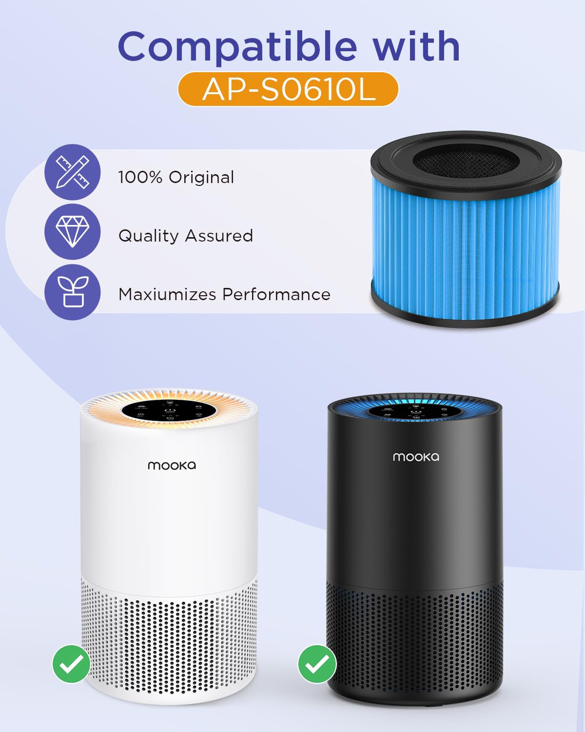 2 Pack MOOKA AP-S0610L Air Purifier Smoke Remover Filter, 3-in-1 True HEPA Filter, High-Efficiency Activated Carbon Air Filter for Smoke, Odor, Dander, Pollen