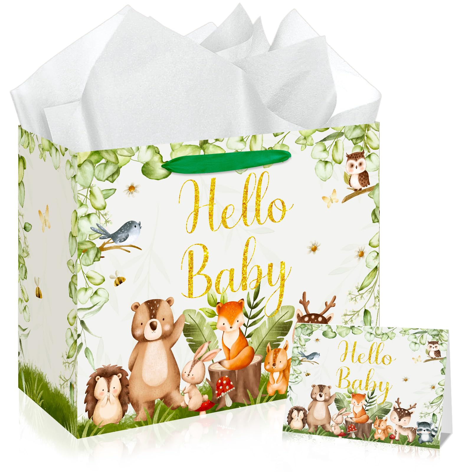 Baby Shower Paper Bag Hello Baby Large Gift Bag Woodland Animals Sage Green Baby Girl Boy Wrapping Paper with Tissue Paper Card for Baby Shower Birthday Gender Reveal Party Favors Decorations Supplies