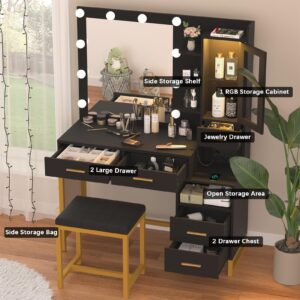 Makeup Vanity Table Set with LED Lights & Charing Station, Large Make up Vanity Desk with Mirror and Lights, Dressing Vanity Table with Nightstand & Soft Stool, Black Vanity with Drawers & RGB Cabinet