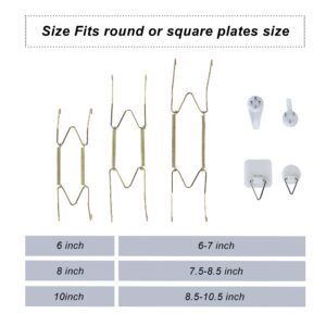 LYWBYJ 12 Pieces Invisible Vertical Plate Holders - 6 Pieces Stainless Steel Decorative Wire Plate Holders with 10 Pieces Wall Hooks for Decorative Plates (Gold, 6/8/10 Inch) ﻿