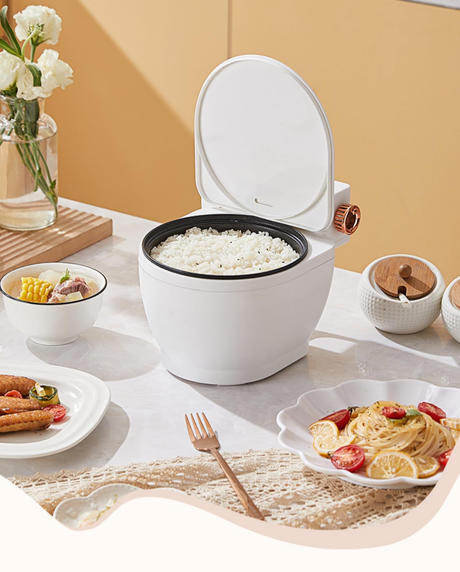 Funny Rice Cooker 6 Cup Non-Stick Multi Cooker Toilet-Shaped Electric Cooking Pot For Stir Fry, Steak, Noodles, Soup Portable Hot Pot For Dorm, Office, Travel