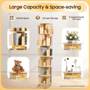 6 Tier Rotating Bookshelf 360 Display Floor Standing Bookcase Spinning Bookshelf Tower Tall Narrow Wooden Book Shelf Rotating Book Shelf with Legs Book Shelf Organizer for Bedroom Living Room DIY