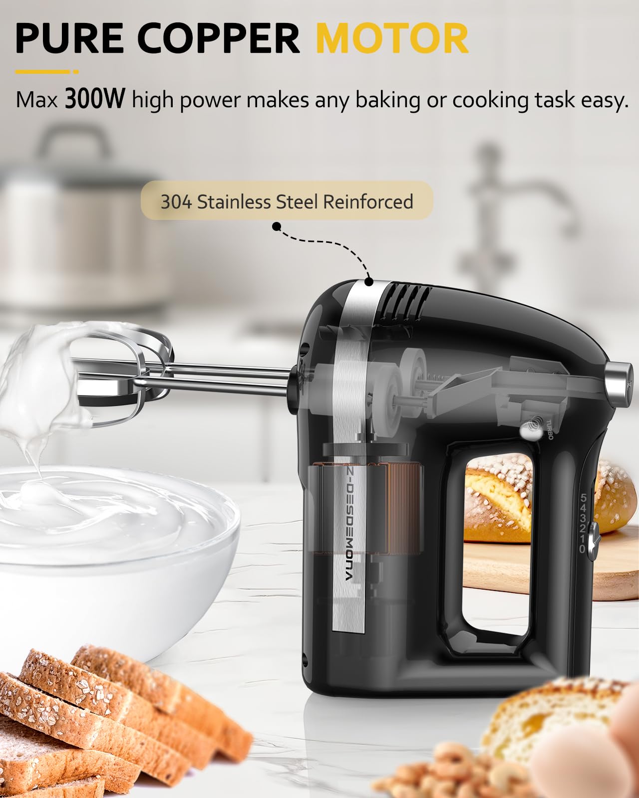 Z-DESDEMONA Electric Hand Mixer, Powerful 300W Hand Mixer Electric Handheld with 304 Beaters, Dough Hook,Hand Held Mixer with Turbo for Baking Cakes, Eggs, Cream Food(Black)