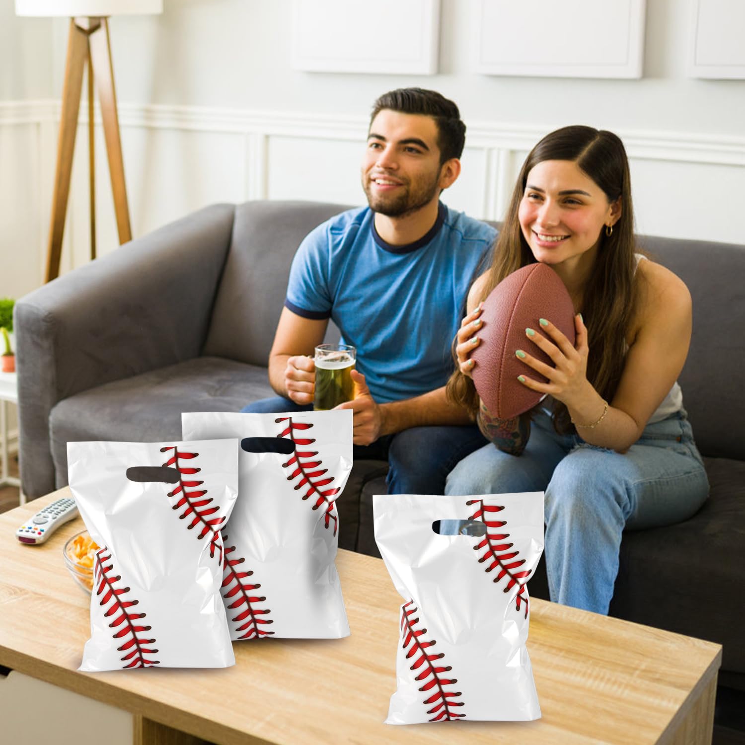 PEUTIER 50pcs Baseball Party Gift Bags, Baseball Goodie Bags Favors Sport Theme Party Favor Bags Practical Gift Bag for Party Birthday Presents Packing Candy Snack Goodie Storage (White, Red)