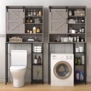 Pipleo Over The Toilet Storage Cabinet, 32.3''W Farmhouse Storage Cabinet Over Toilet with Sliding Door, Adjustable Bottom Bar, Freestanding Space Saver Toilet Rack for Bathroom, Laundry (Grey)