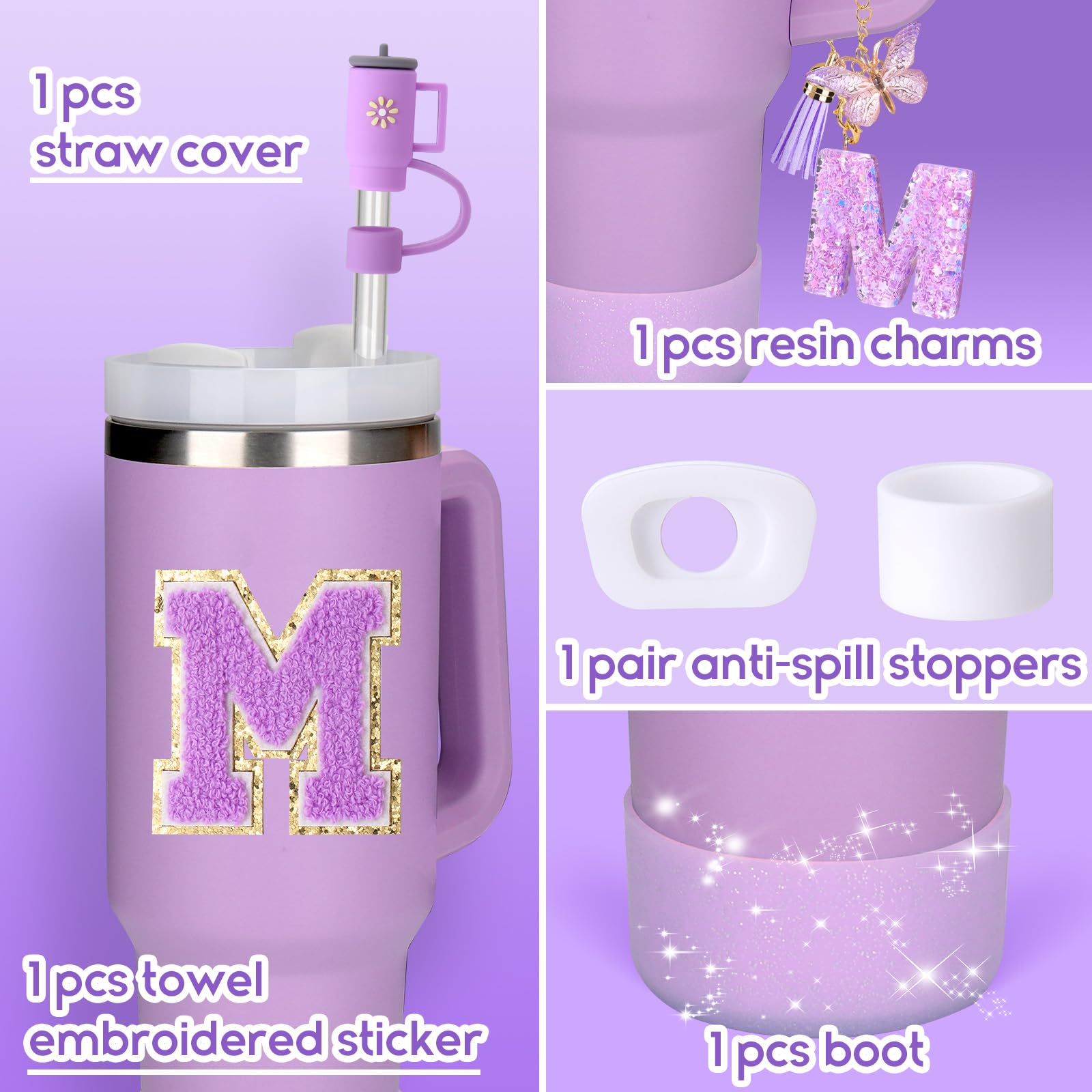 Mity rain 6PCS Cup Accessories Set for Stanley Cup 30oz 40oz tumbler with handle, Including Silicone Straw Topper Cover Cap and Boot, Spill Proof Stopper, Handle Charm, Initials Sticker (Letter M)