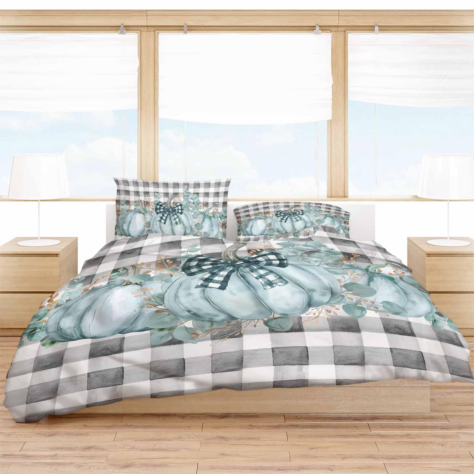 Lsrtoss Green Pumpkins Fall Thanksgiving Queen Duvet Cover Set for All Season, Black Plaid Watercolor Microfiber 3 Piece Bedding Set with 2 Pillowcases & 1 Quilt Cover, 90" W x 92" L, Queen Size