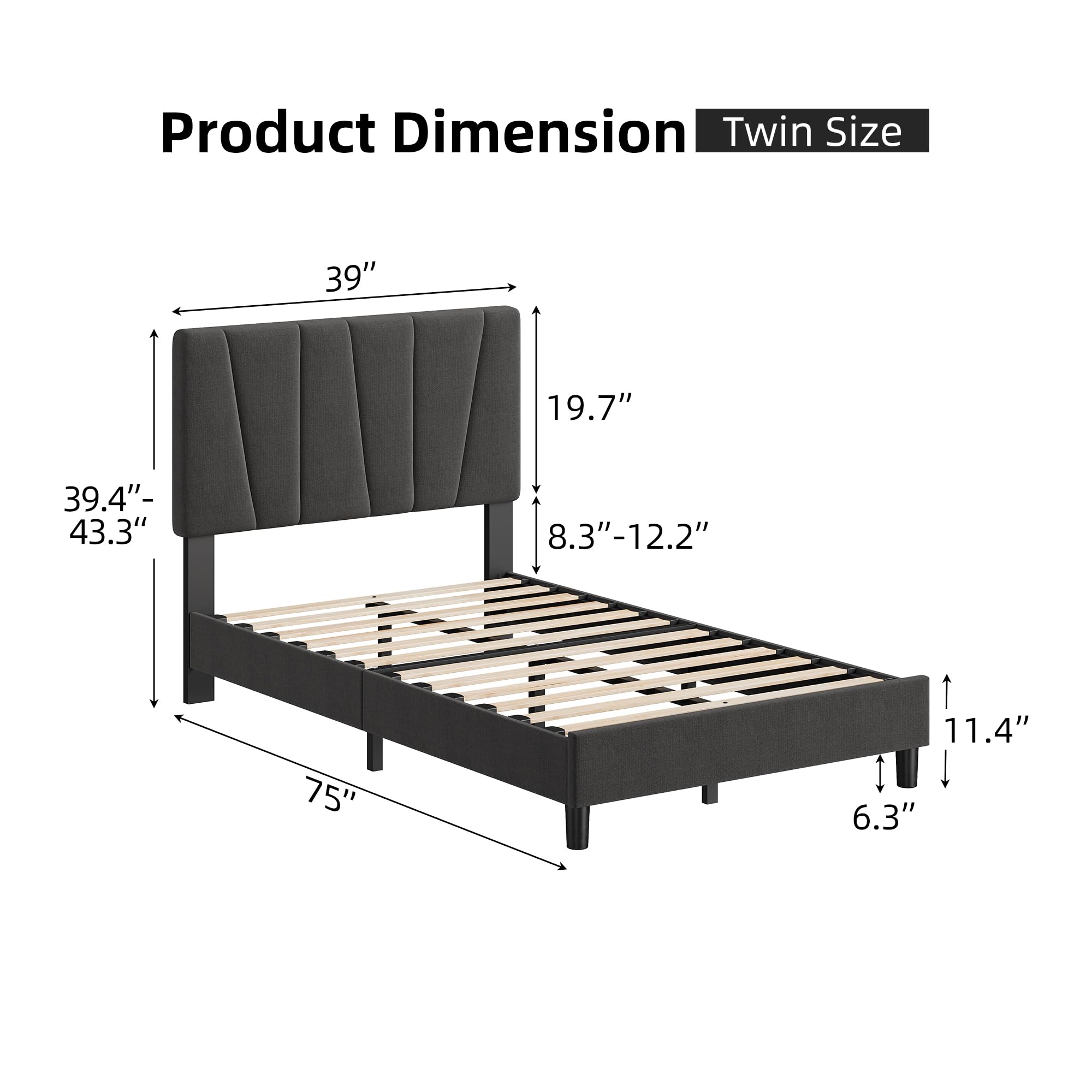 GarveeHome Twin Size Bed Frame with Adjustable Headboard, Linen Upholstered Twin Platform Bedframe with Strong Wooden Slats, Mattress Foundation, No Box Spring Needed, Easy Assembly, Dark Grey