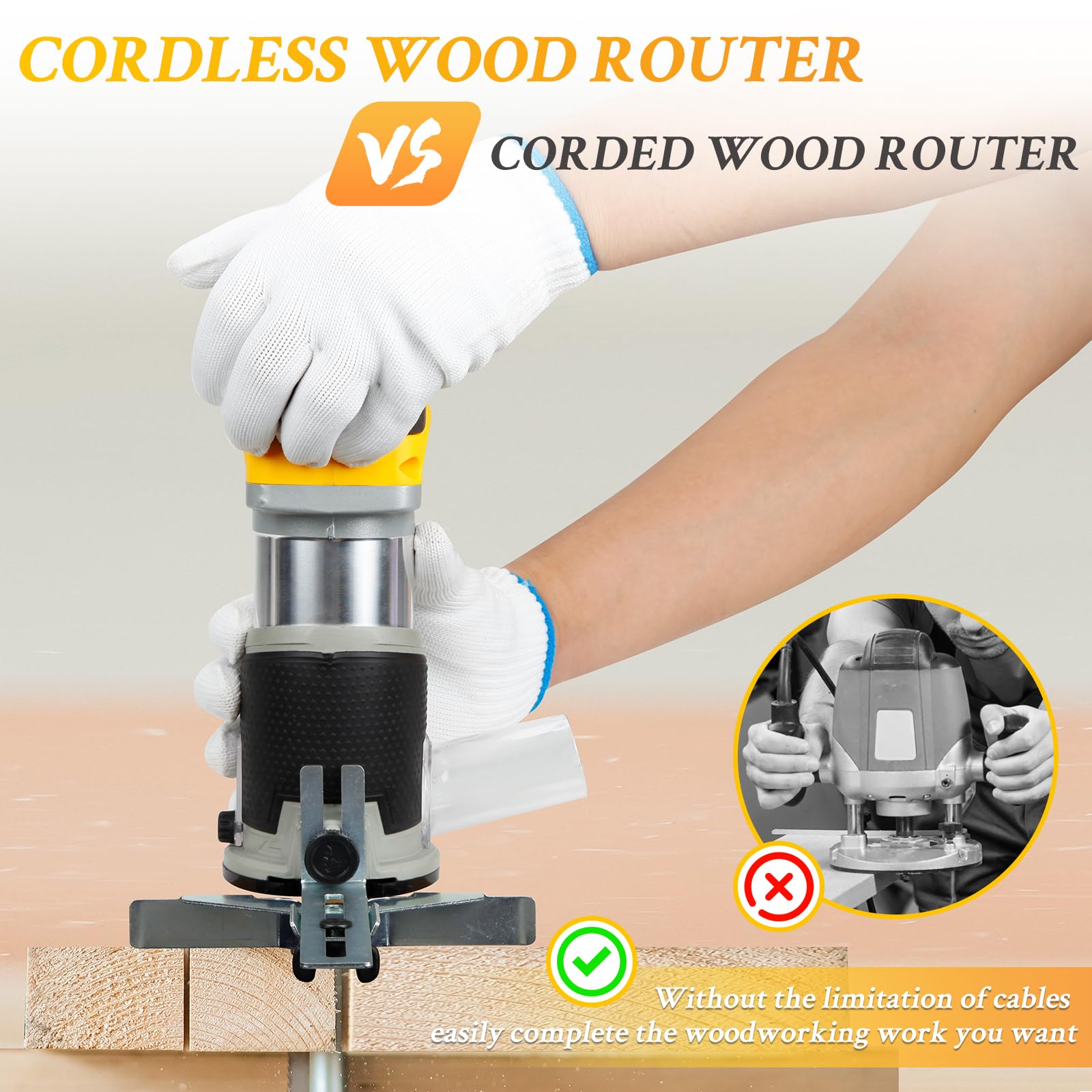 AwxryoX Cordless Router for Woodworking, 21V Router Tool with 2 x 4.0Ah Battery, Brushless Trim Router with20PCS 1/4" Bits, 6 Variable Speeds Compact Router Para Madera Kit for Dust Hood