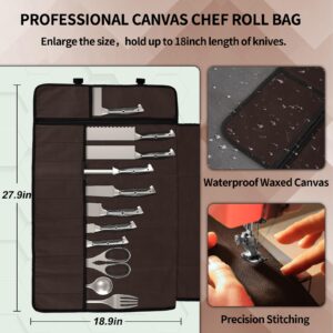 Knife Roll, Chef Knife Roll Bag with 11 Slots Plus Zipper Pocket, Waterproof Waxed Canvas Knife Case Holds Size Up to 18'', Knives Roll Bags for Chefs Professional with Adjustable Strap (Brown)