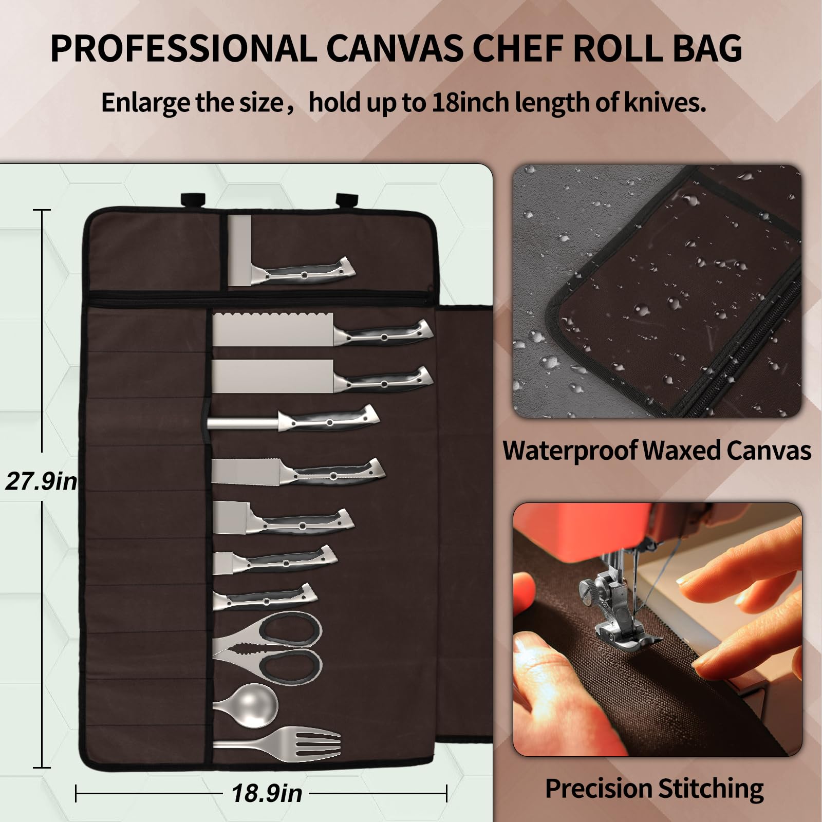 Knife Roll, Chef Knife Roll Bag with 11 Slots Plus Zipper Pocket, Waterproof Waxed Canvas Knife Case Holds Size Up to 18'', Knives Roll Bags for Chefs Professional with Adjustable Strap (Brown)