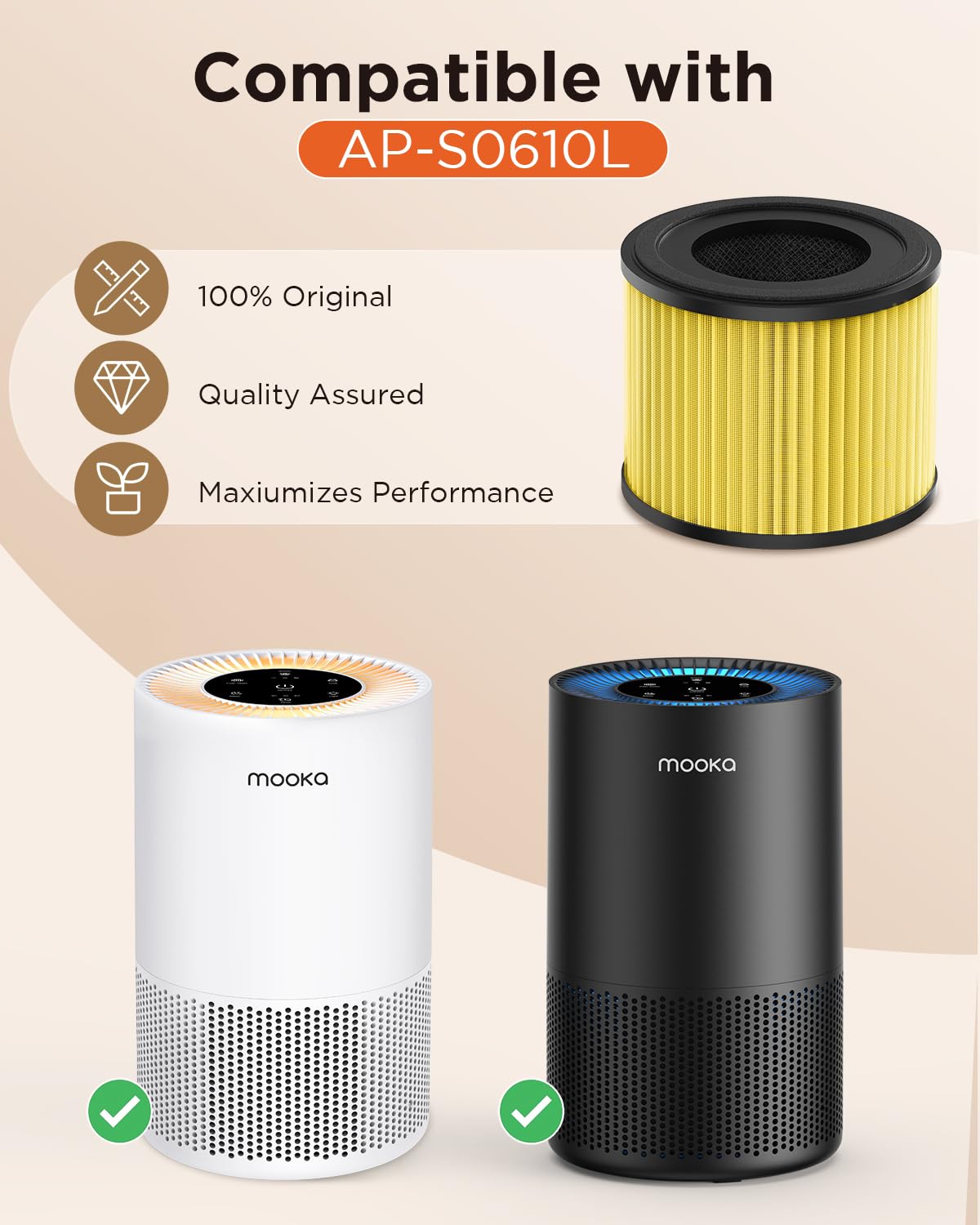 2 Pack MOOKA AP-S0610L Air Purifier Pet Mode Filter, 3-in-1 True HEPA Filter, High-Efficiency Activated Carbon Air Filter for Allergies, Smoke, Odor, Dander, Pollen