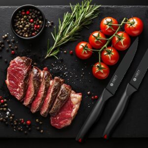 ASETY Steak Knives Set of 6, Serrated Steak Knives,Dishwasher Safe,High-Carbon Stainless Steel Steak Knife Sets with Elegant Box,Black